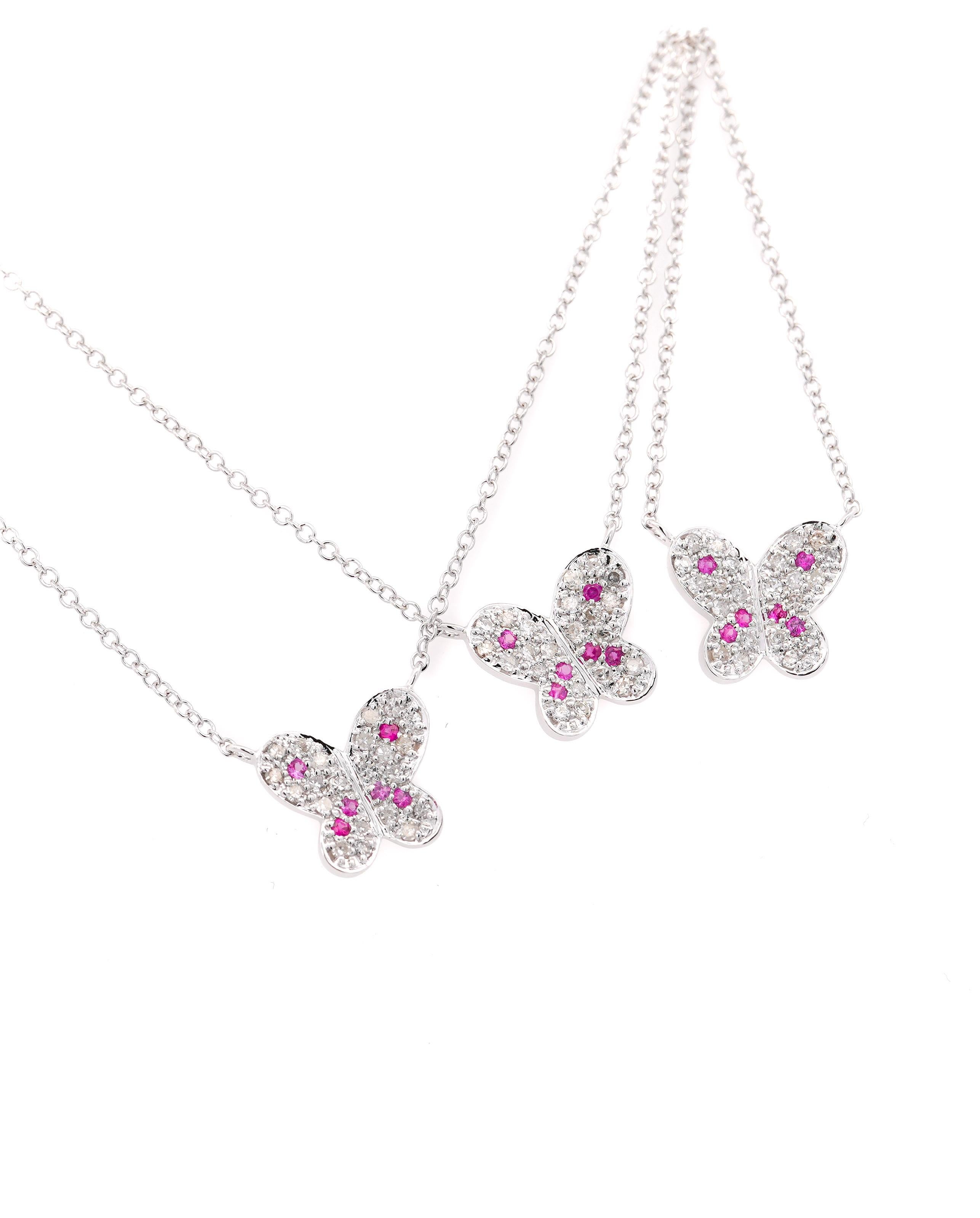 Women's Natural Pink Sapphire & Diamond Butterfly Charm 14k White Gold Pendant Necklace For Sale