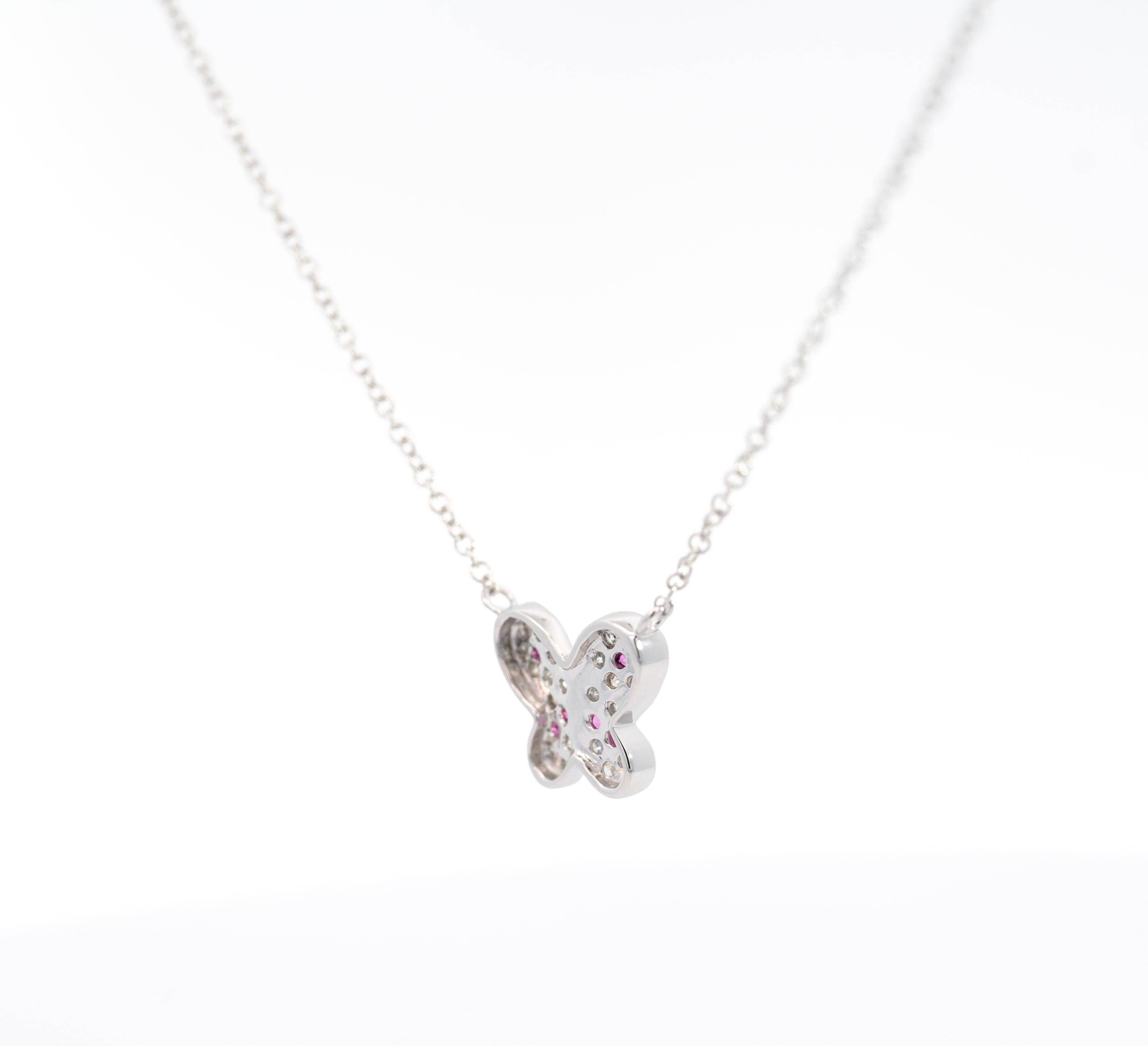 Natural Pink Sapphire & Diamond Butterfly Charm 14k White Gold Pendant Necklace For Sale 1