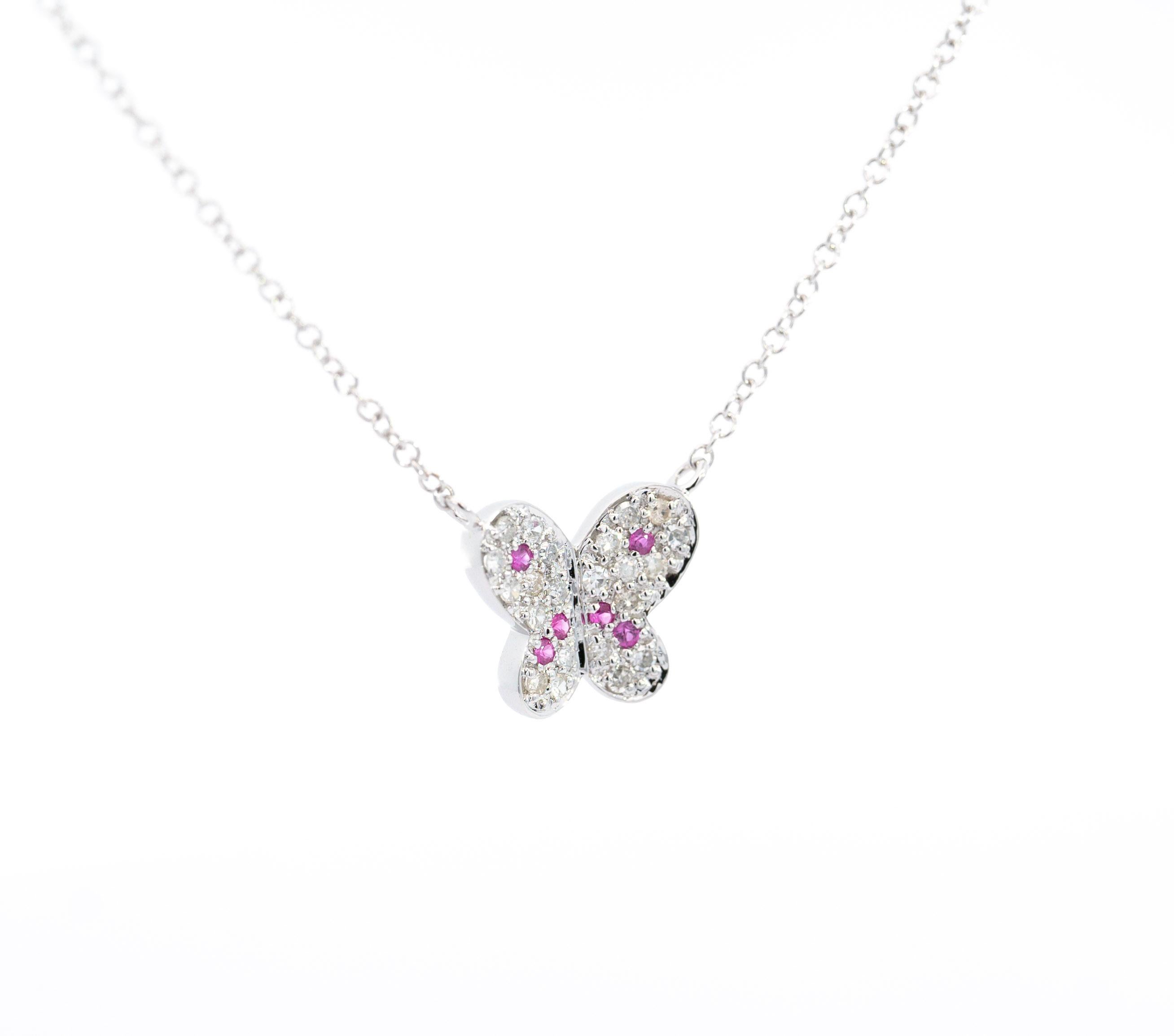 Natural Pink Sapphire & Diamond Butterfly Charm 14k White Gold Pendant Necklace For Sale 2