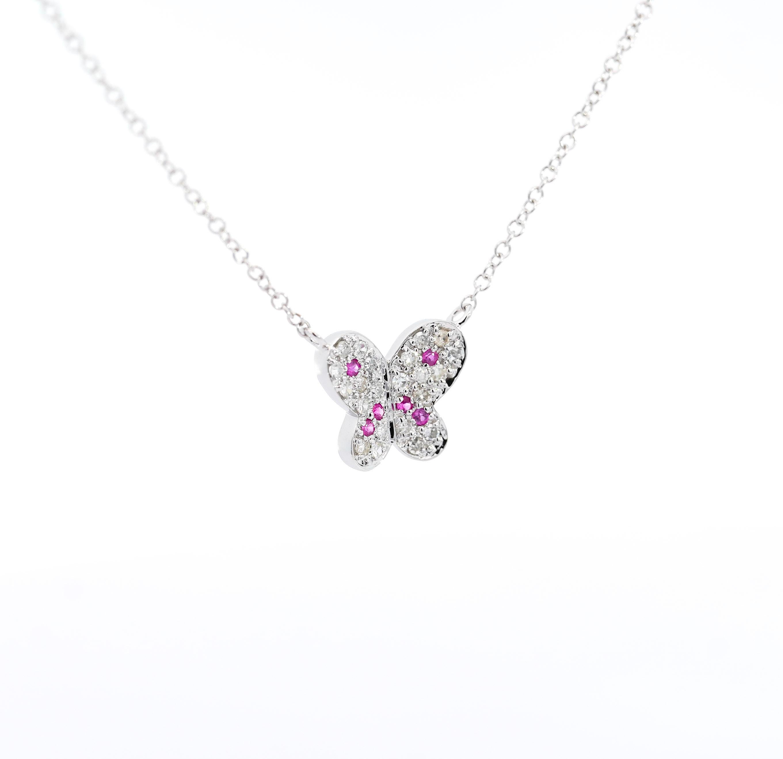 Natural Pink Sapphire & Diamond Butterfly Charm 14k White Gold Pendant Necklace For Sale 3