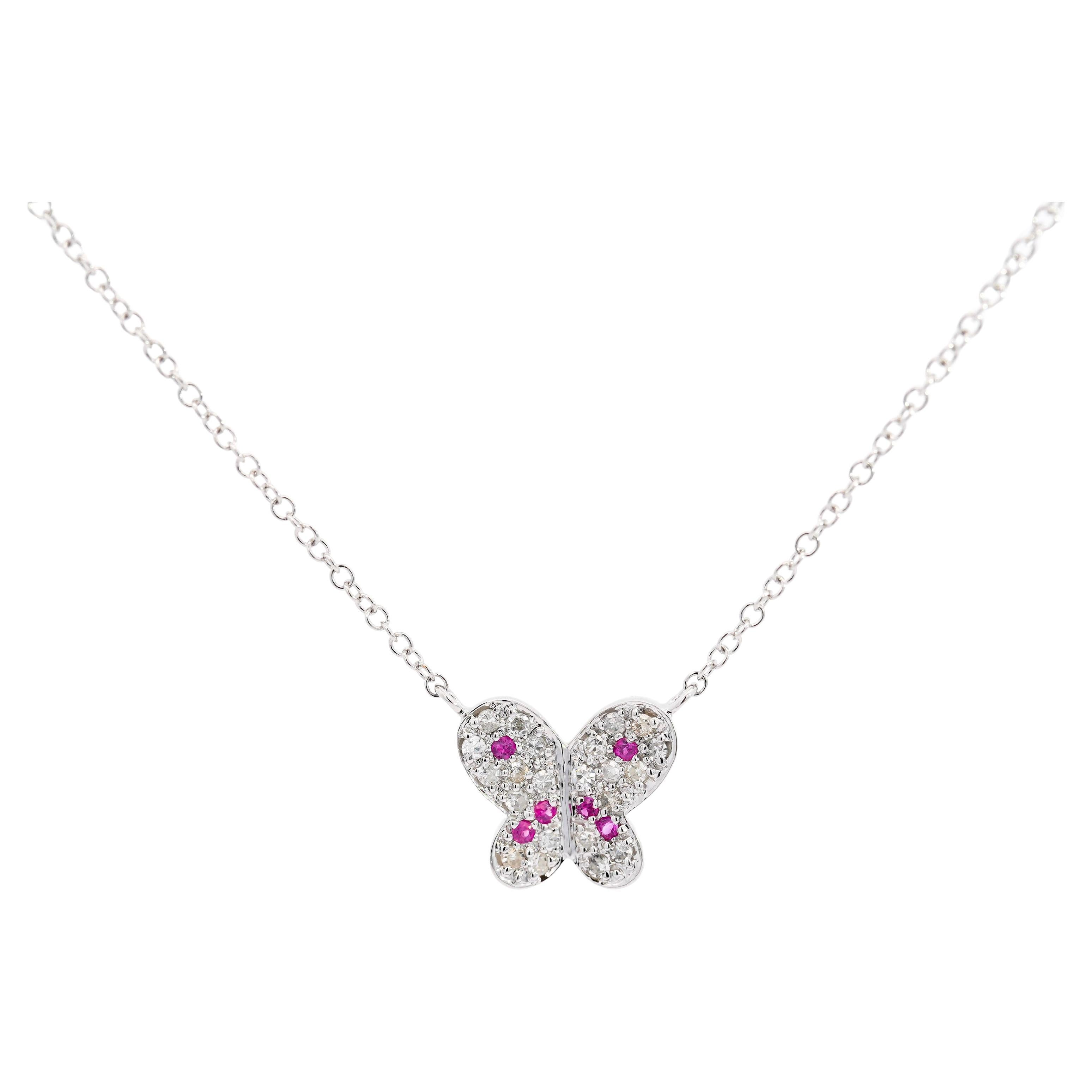 Natural Pink Sapphire & Diamond Butterfly Charm 14k White Gold Pendant Necklace For Sale
