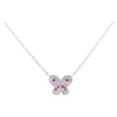 Natural Pink Sapphire & Diamond Butterfly Charm 14k White Gold Pendant Necklace
