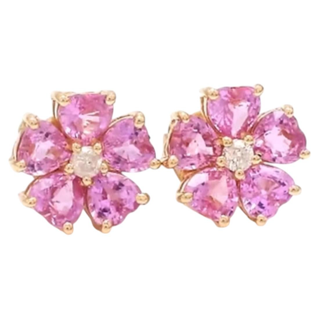 Orecchini in oro giallo 14 carati a forma di cuore con zaffiro rosa e diamanti