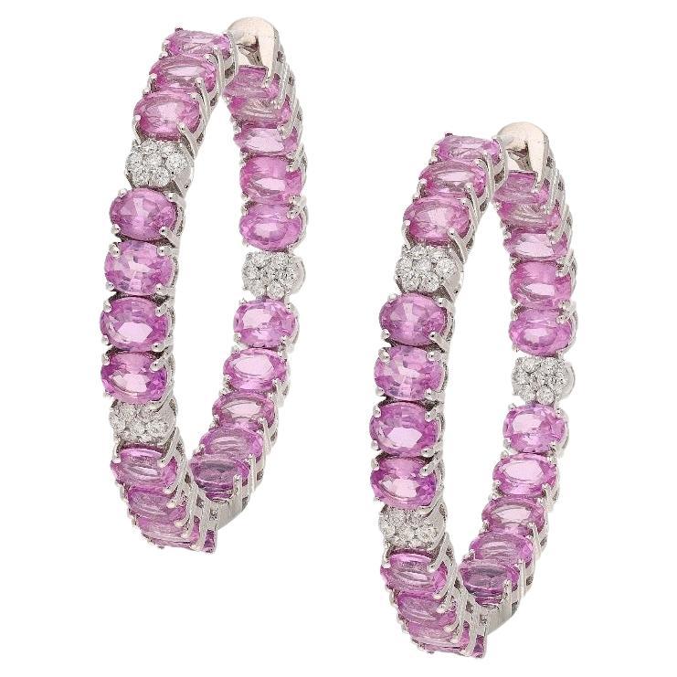 Handmade Natural Pink Sapphire & Diamond Earrings in 18K White Gold For Sale