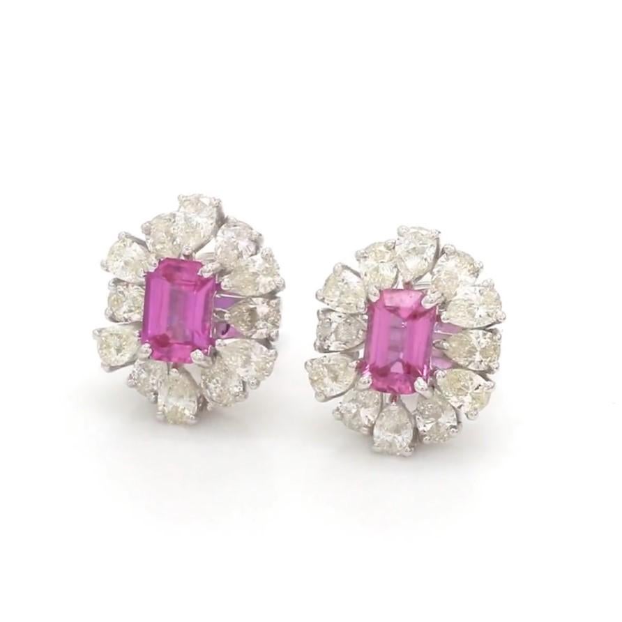 Taille Asscher Boucles d'oreilles saphir rose naturel et diamant en or 14k en vente