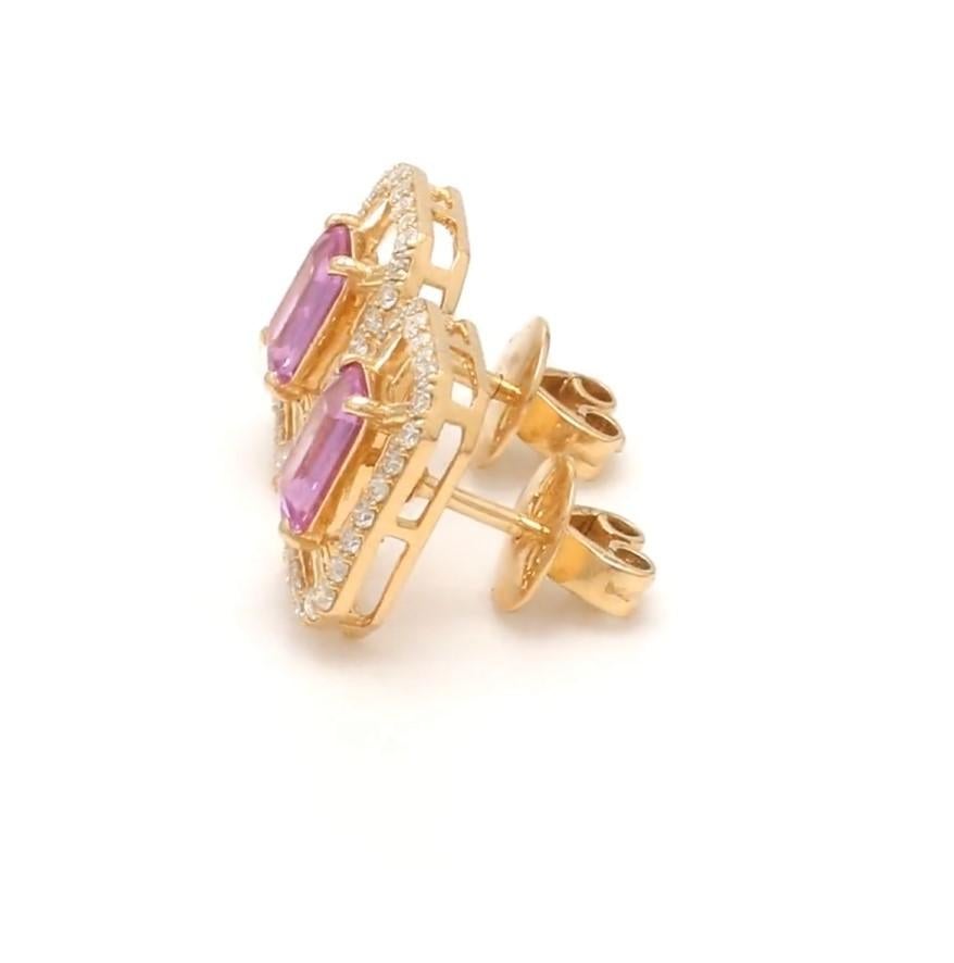 Taille Asscher Boucles d'oreilles saphir rose naturel et diamant en or 14k en vente