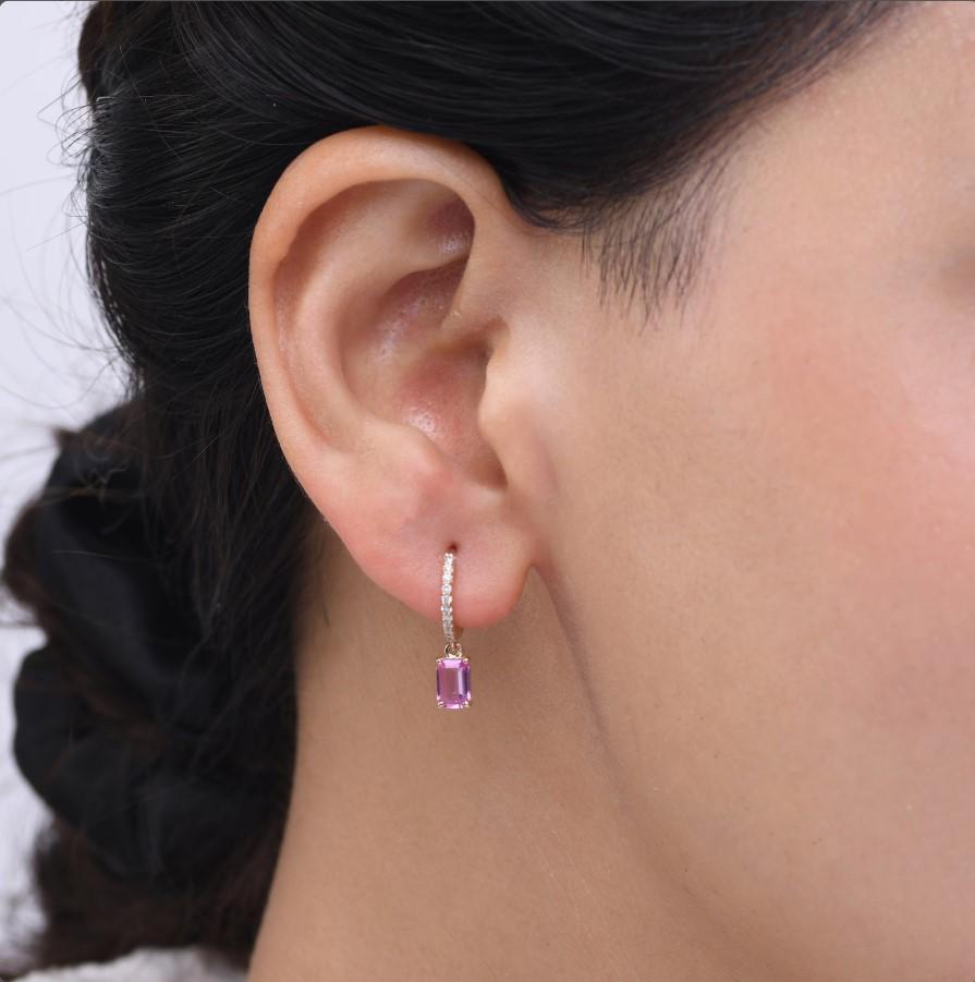 Taille Asscher Boucles d'oreilles saphir rose naturel et diamant en or 14k en vente