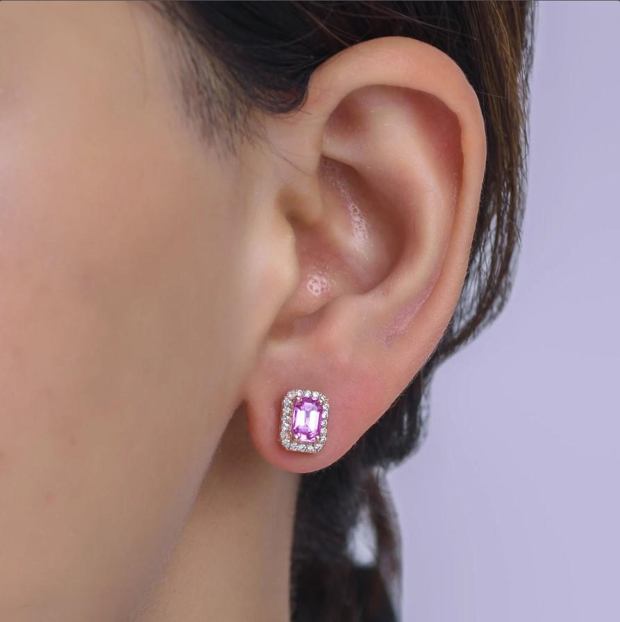 Taille Asscher Boucles d'oreilles saphir rose naturel et diamant en or 14k en vente