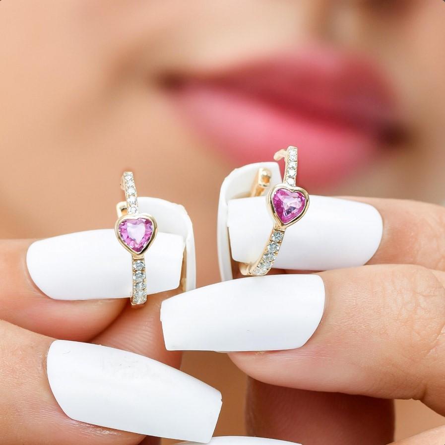 Boucles d'oreilles saphir rose naturel et diamant en or 14k Neuf - En vente à New York, NY