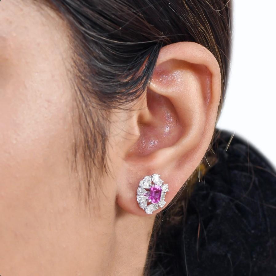 Boucles d'oreilles saphir rose naturel et diamant en or 14k Pour femmes en vente
