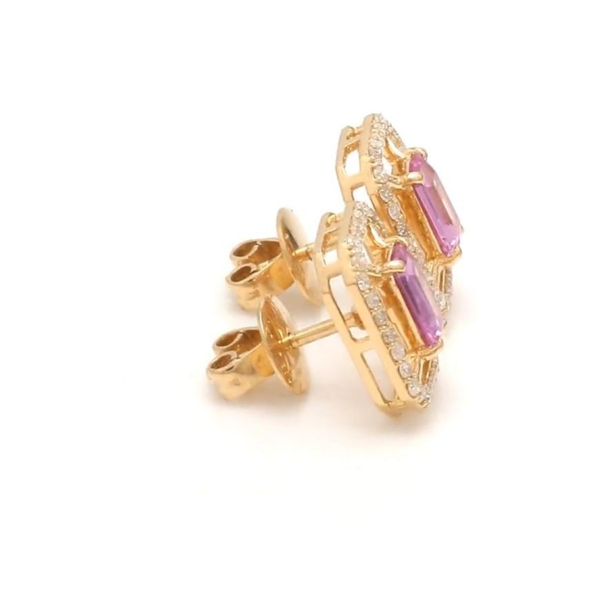 Boucles d'oreilles saphir rose naturel et diamant en or 14k Pour femmes en vente