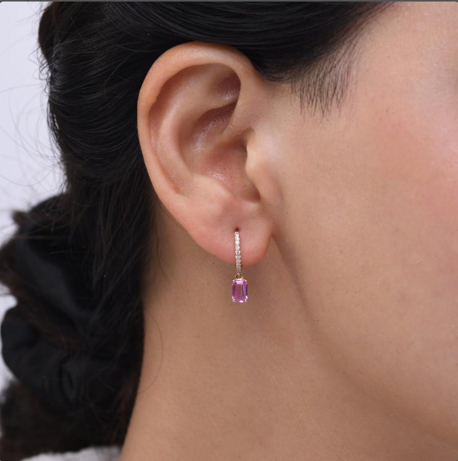 Boucles d'oreilles saphir rose naturel et diamant en or 14k Pour femmes en vente
