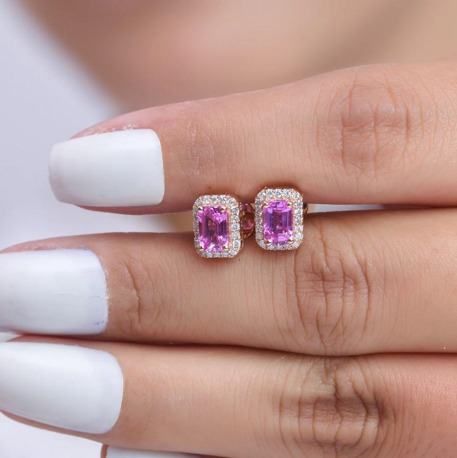Boucles d'oreilles saphir rose naturel et diamant en or 14k Pour femmes en vente