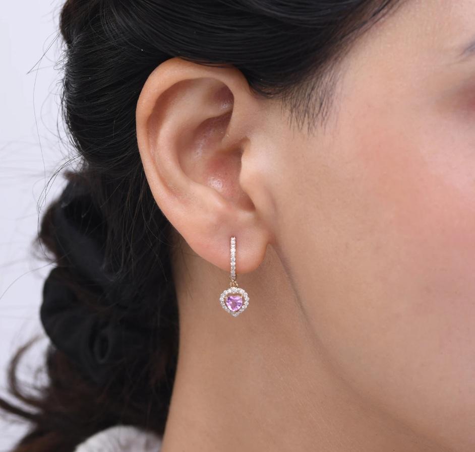 Natural pink sapphire diamond earrings in 14k gold For Sale 2
