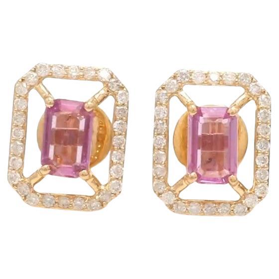 Boucles d'oreilles saphir rose naturel et diamant en or 14k en vente