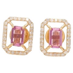 Natural pink sapphire diamond earrings in 14k gold