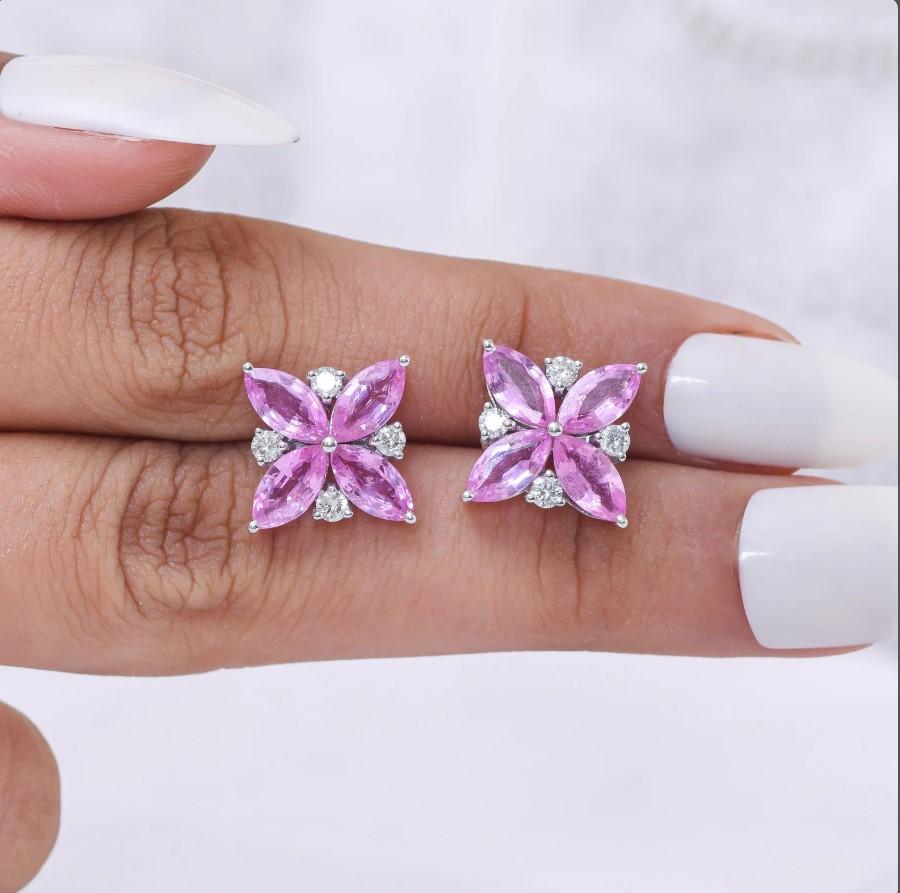 Taille Asscher Boucles d'oreilles saphir rose naturel et diamant en or 18k en vente