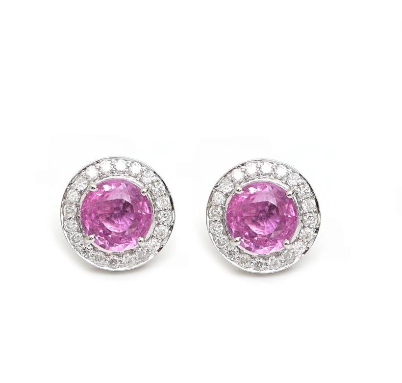 Taille Asscher Boucles d'oreilles saphir rose naturel et diamant en or 18k en vente