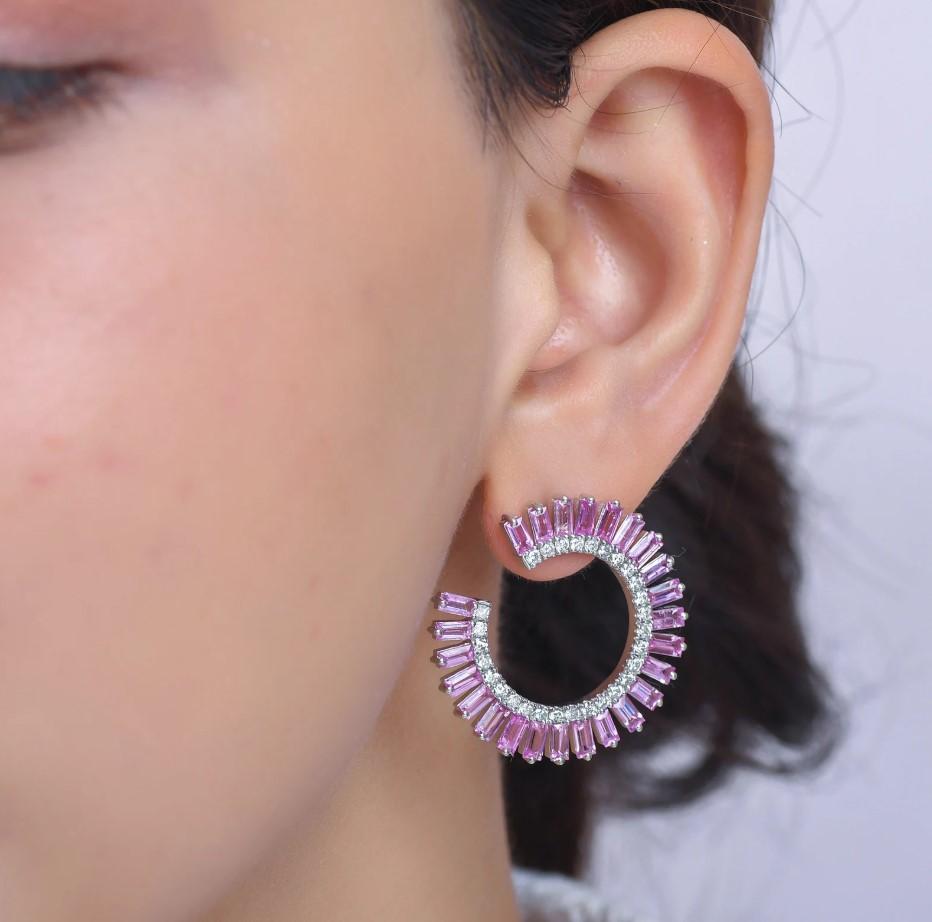 Boucles d'oreilles saphir rose naturel et diamant en or 18k Pour femmes en vente