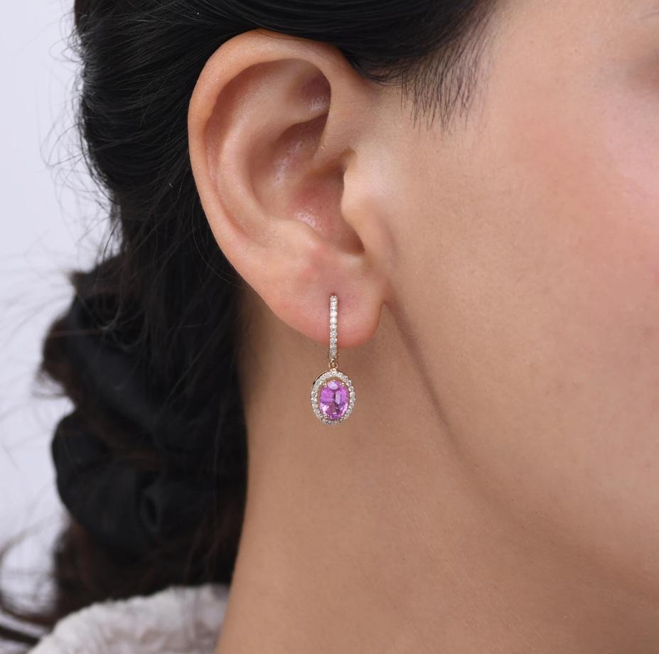 Boucles d'oreilles saphir rose naturel et diamant en or 18k Pour femmes en vente