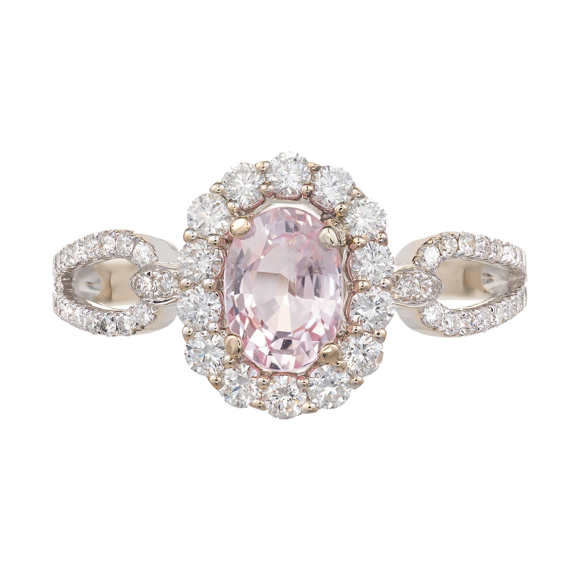 Oval Cut 1.13 Carat Natural Pink Sapphire Diamond Halo Gold Engagement Ring