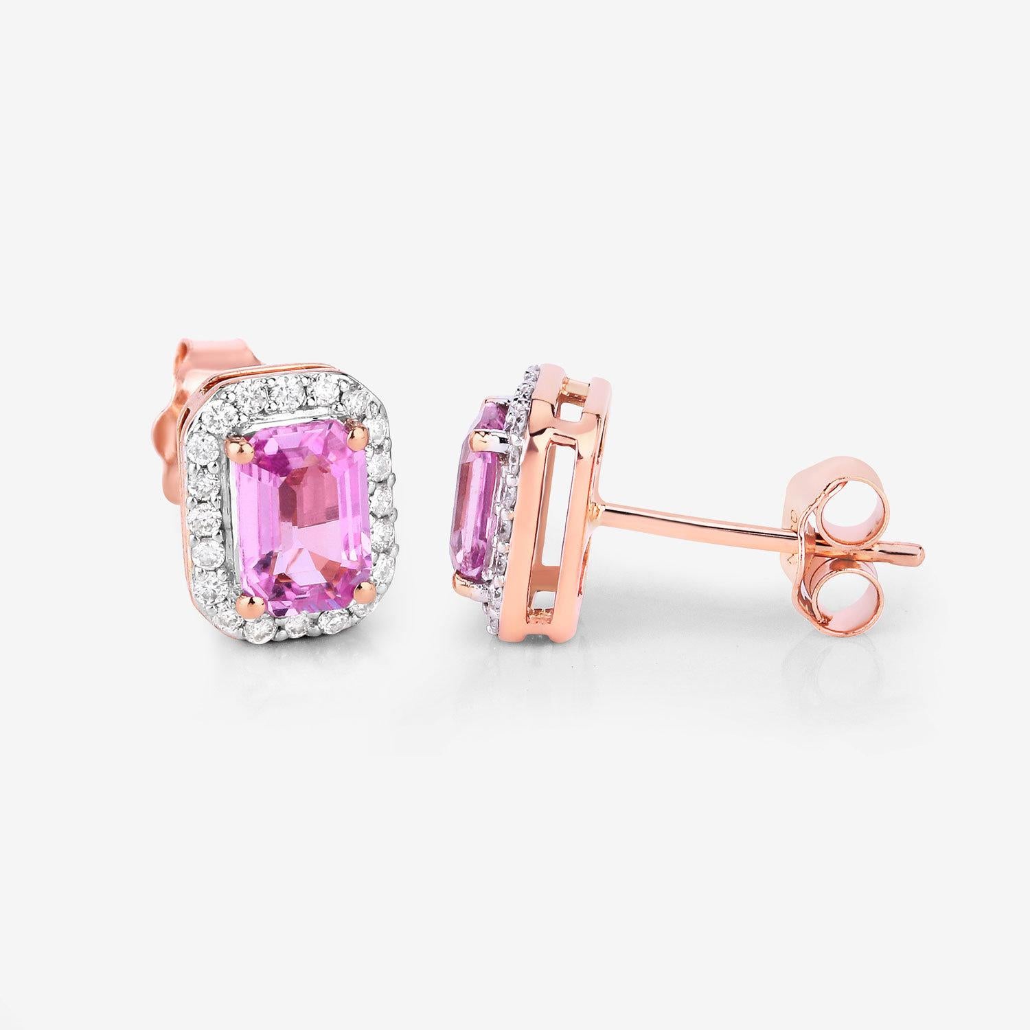 Contemporary Natural Pink Sapphire & Diamond Halo Earrings Total 1.50 Carats 14k Rose Gold For Sale