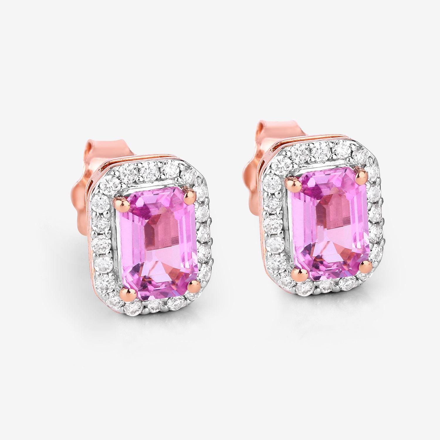 Contemporary Natural Pink Sapphire & Diamond Halo Earrings Total 1.50 Carats 14k Rose Gold For Sale