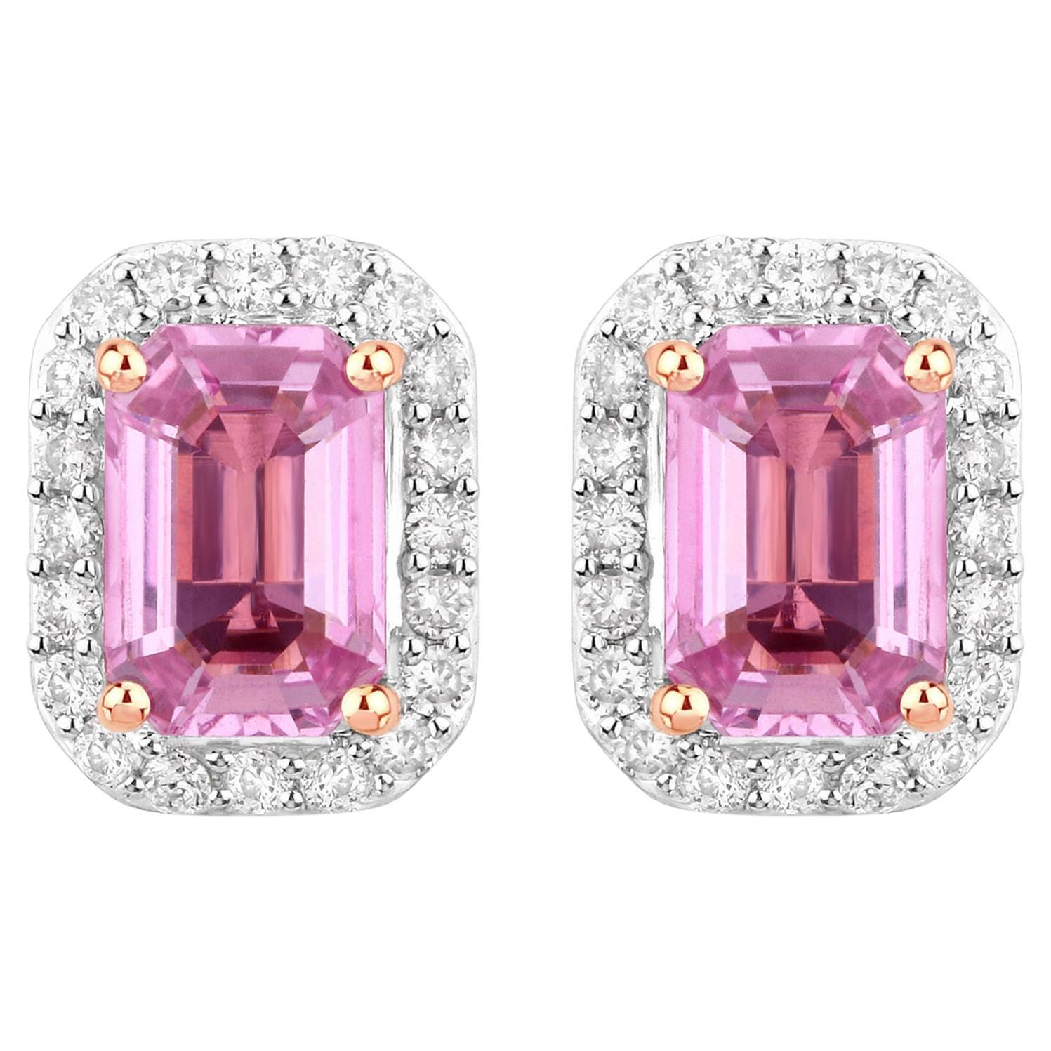 Natural Pink Sapphire & Diamond Halo Earrings Total 1.50 Carats 14k Rose Gold For Sale