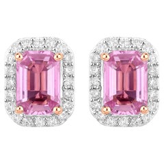 Natural Pink Sapphire & Diamond Halo Earrings Total 1.50 Carats 14k Rose Gold