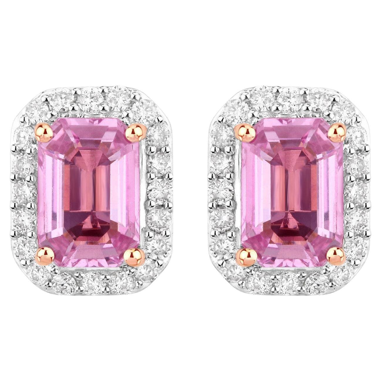 Natural Pink Sapphire & Diamond Halo Earrings Total 1.50 Carats 14k Rose Gold For Sale
