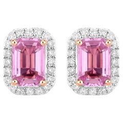 Natural Pink Sapphire & Diamond Halo Earrings Total 1.50 Carats 14k Rose Gold