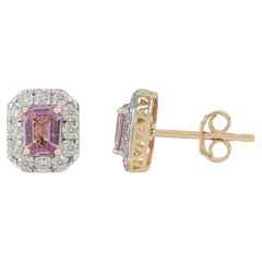Boucles d'oreilles saphir naturel rose et diamant en or 14 carats Bijoux fins