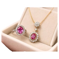Natural Pink Sapphire Diamond Necklace and Ring Suite, GCS Certified