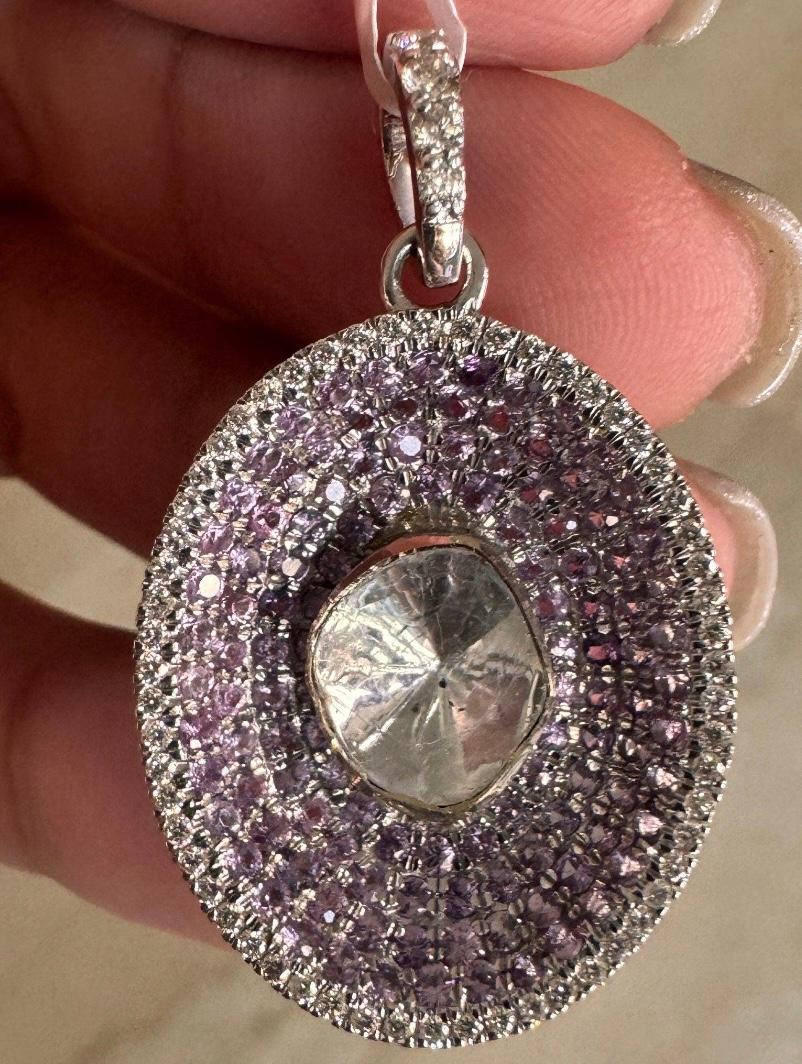 Taille mixte Pendentif polki en saphir rose naturel et diamant en or 18k en vente