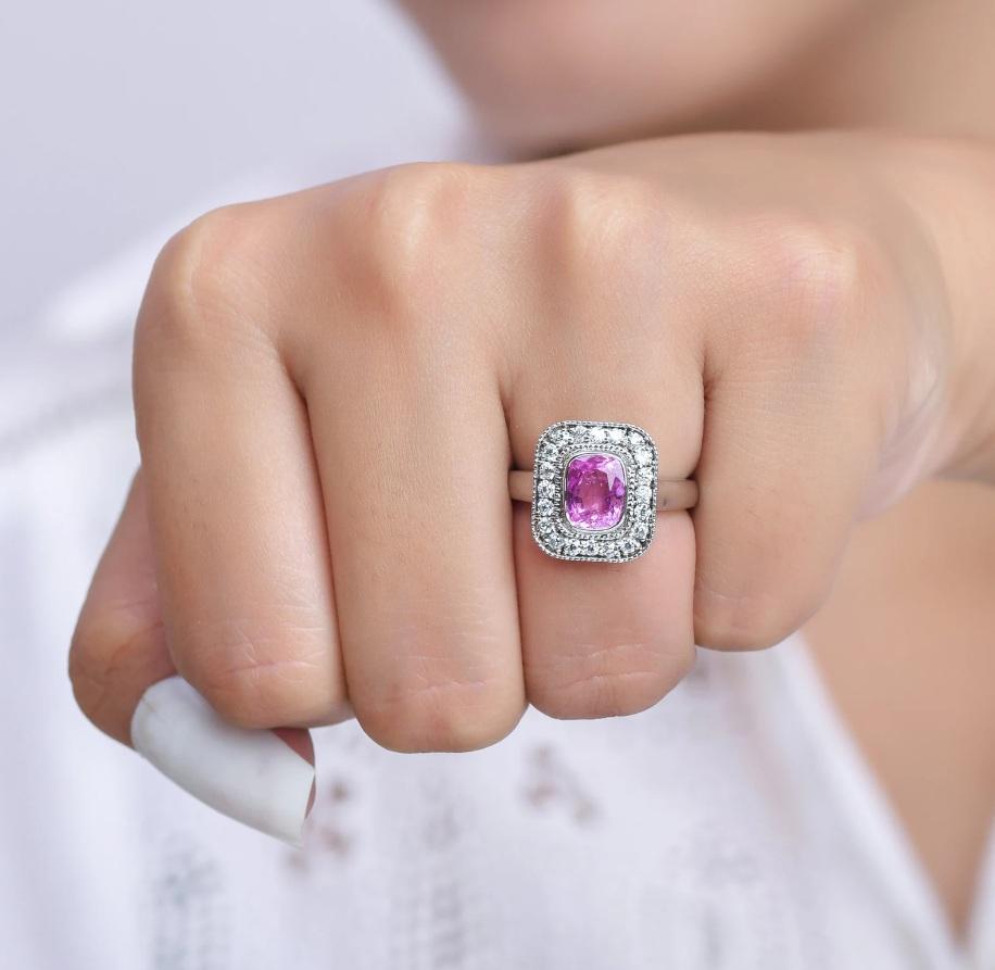 Ring mit natürlichem rosa Saphir-Diamant aus 18 Karat Gold (Asscher-Schliff) im Angebot