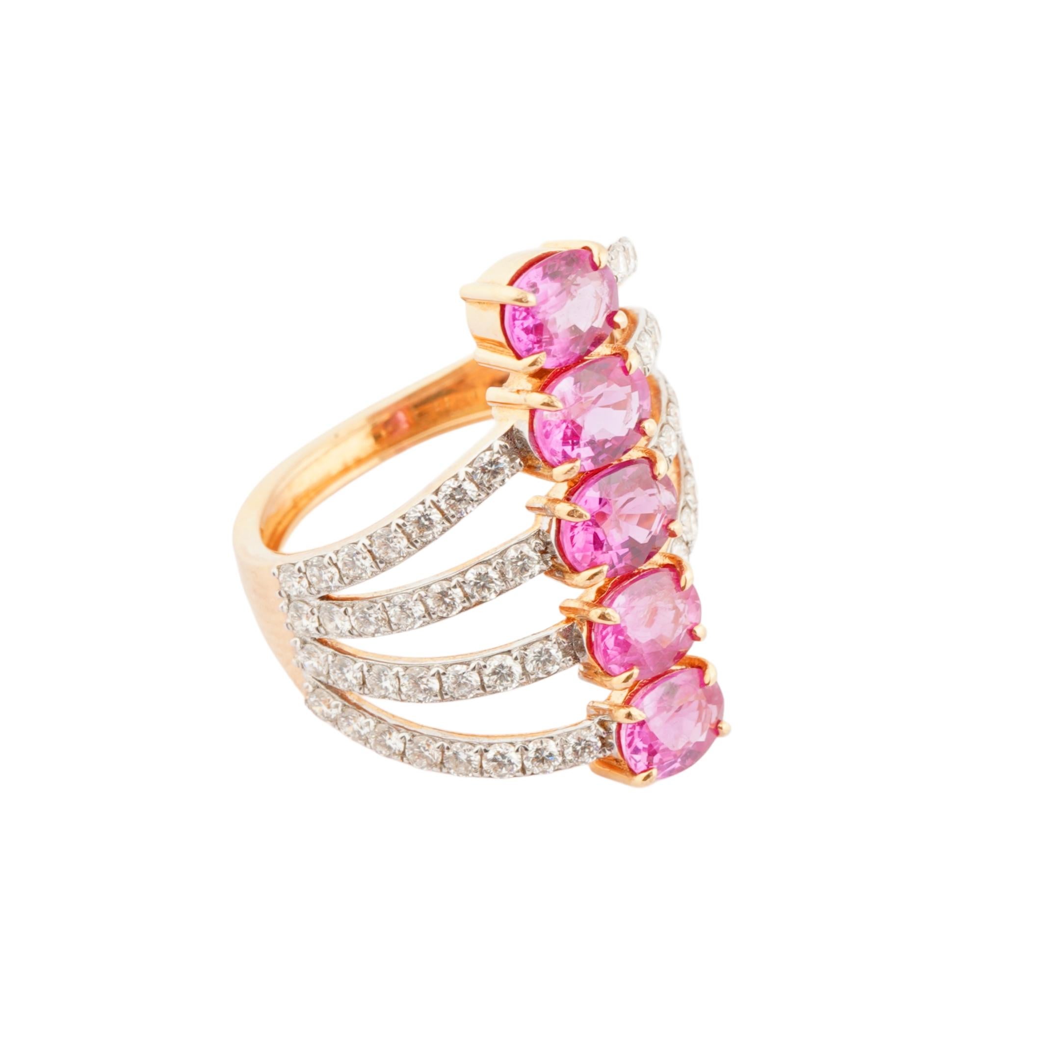 Anillo de diamantes con zafiro rosa natural en oro de 18k Corte Asscher en venta