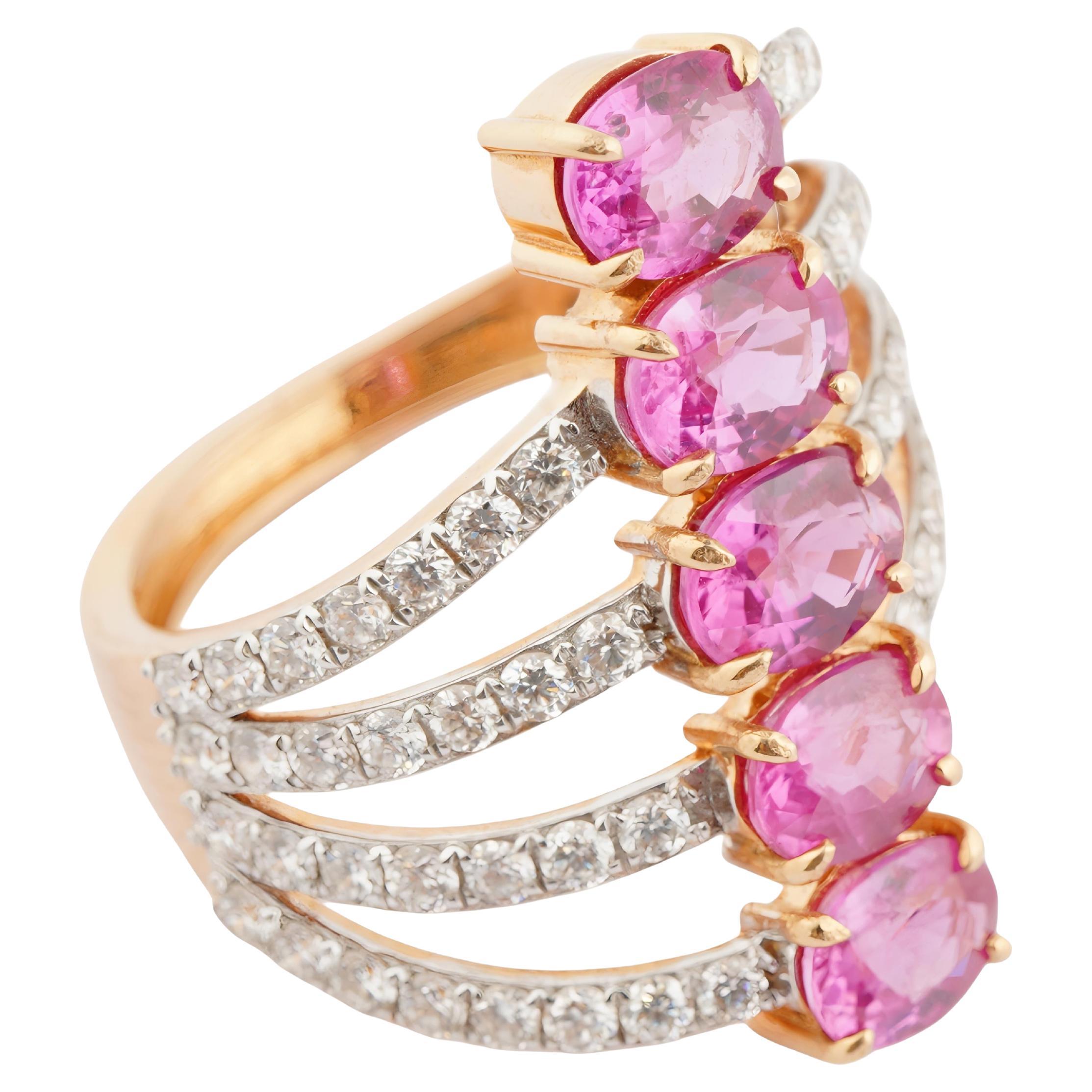 Natural pink sapphire diamond ring in 18k gold