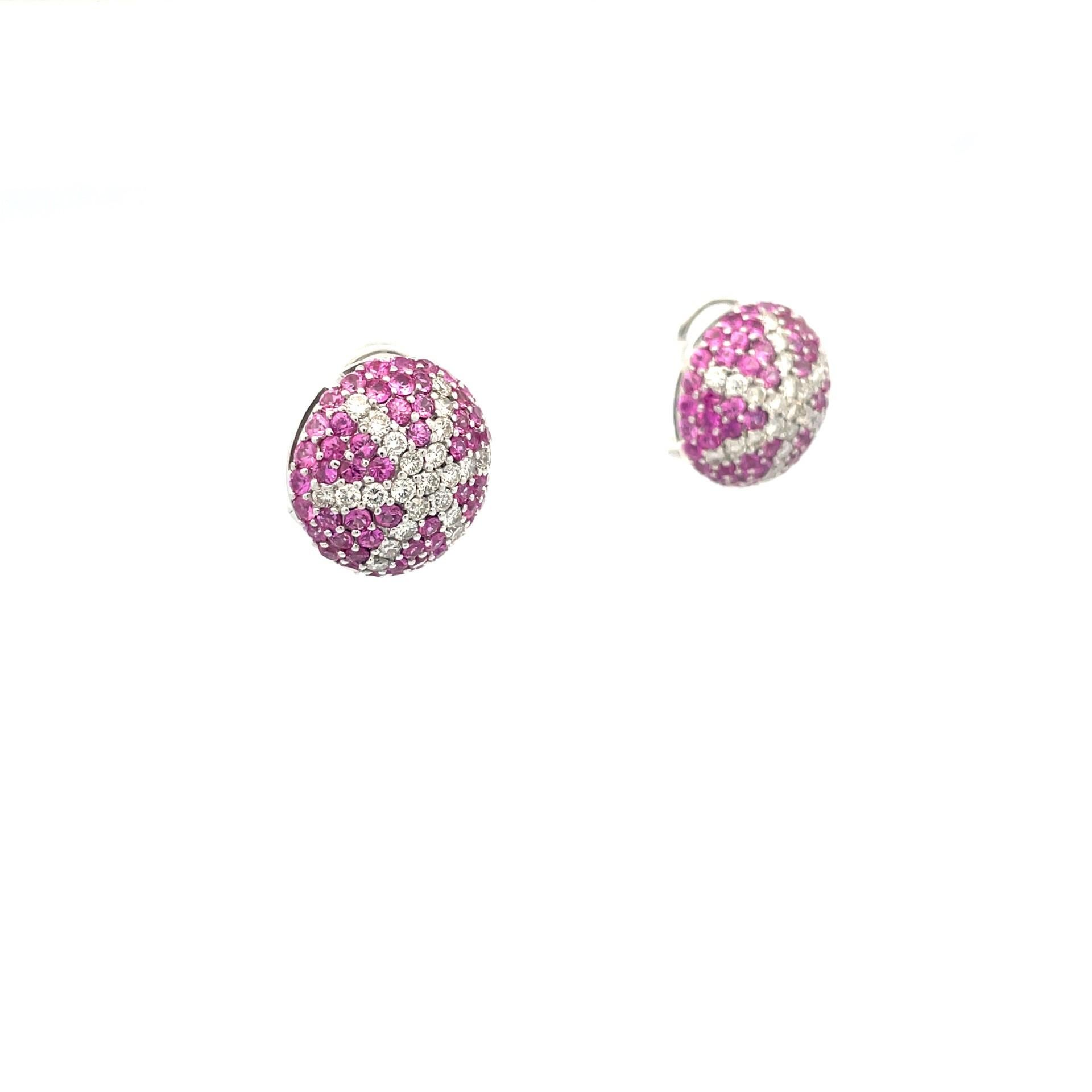 Round Cut  Natural Pink Sapphire & Diamond, Starfish Puff Earrings in 18 Kt White Gold  For Sale