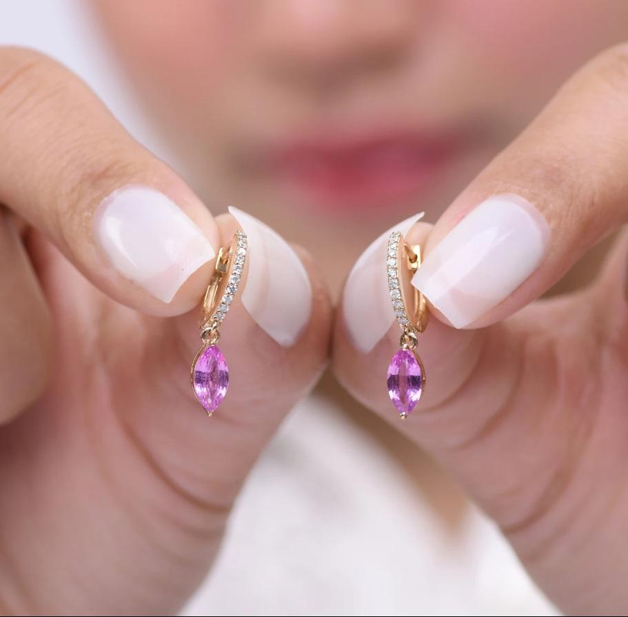 Taglio Asscher Orecchini con zaffiro rosa naturale e diamante in oro 18 carati in vendita