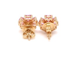 Natural Pink Sapphire and Diamond Floral Earrings in 14K Gold, New