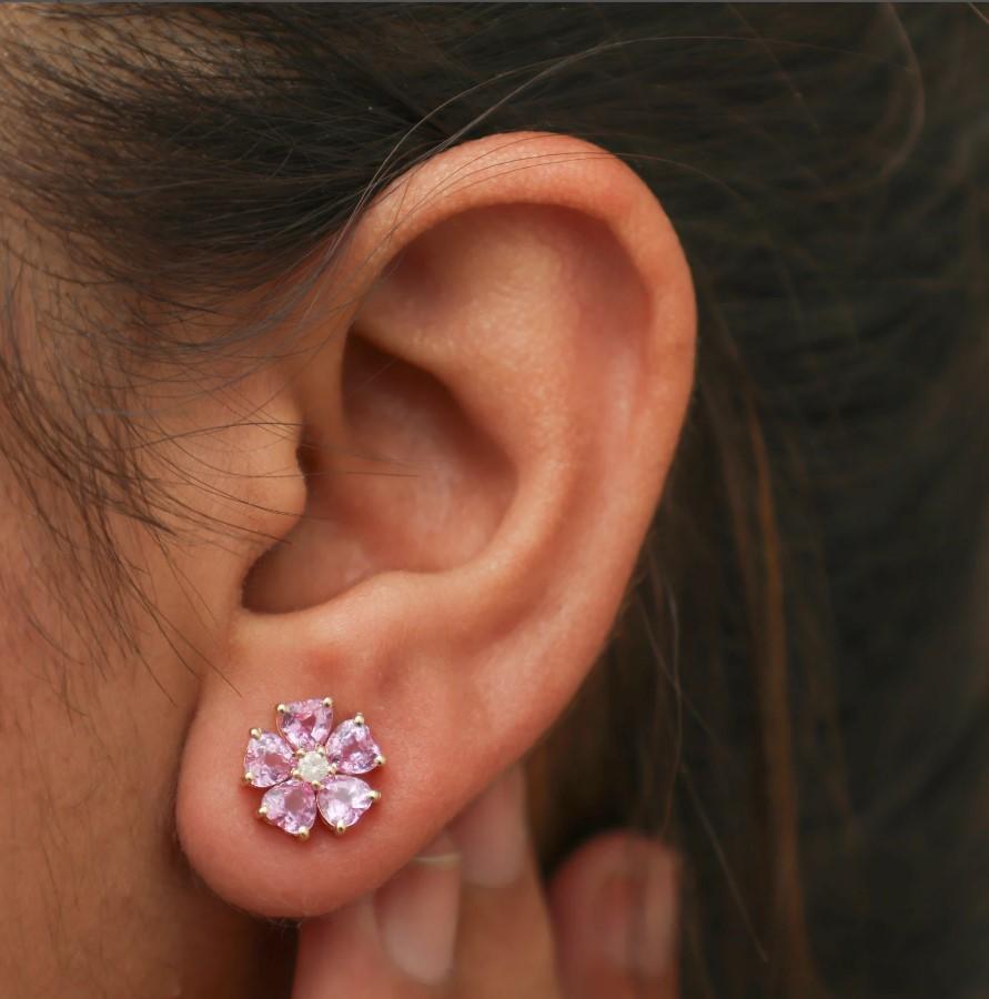 Taille Asscher Boucles d'oreilles saphir rose naturel en or 14 carats en vente