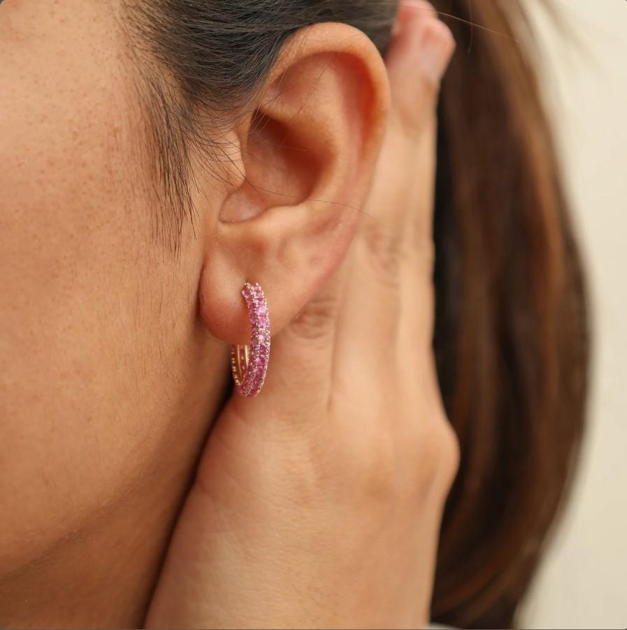 Boucles d'oreilles saphir rose naturel en or 14 carats Pour femmes en vente