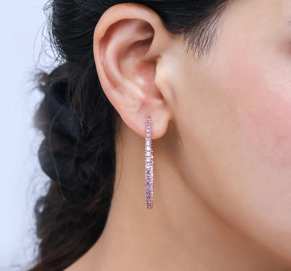 Pink sapphire thin big hoops earrings gold  Natural pink sapphire prong set earrings gold  Pink sapphire round cut hoops earrings gold

GEMSTONE DETAILS :
✦ Gemstone : Pink Sapphire
✦ Gemstone Type : Natural
✦ Gemstone Size : 2.20 MM
✦ Gemstone