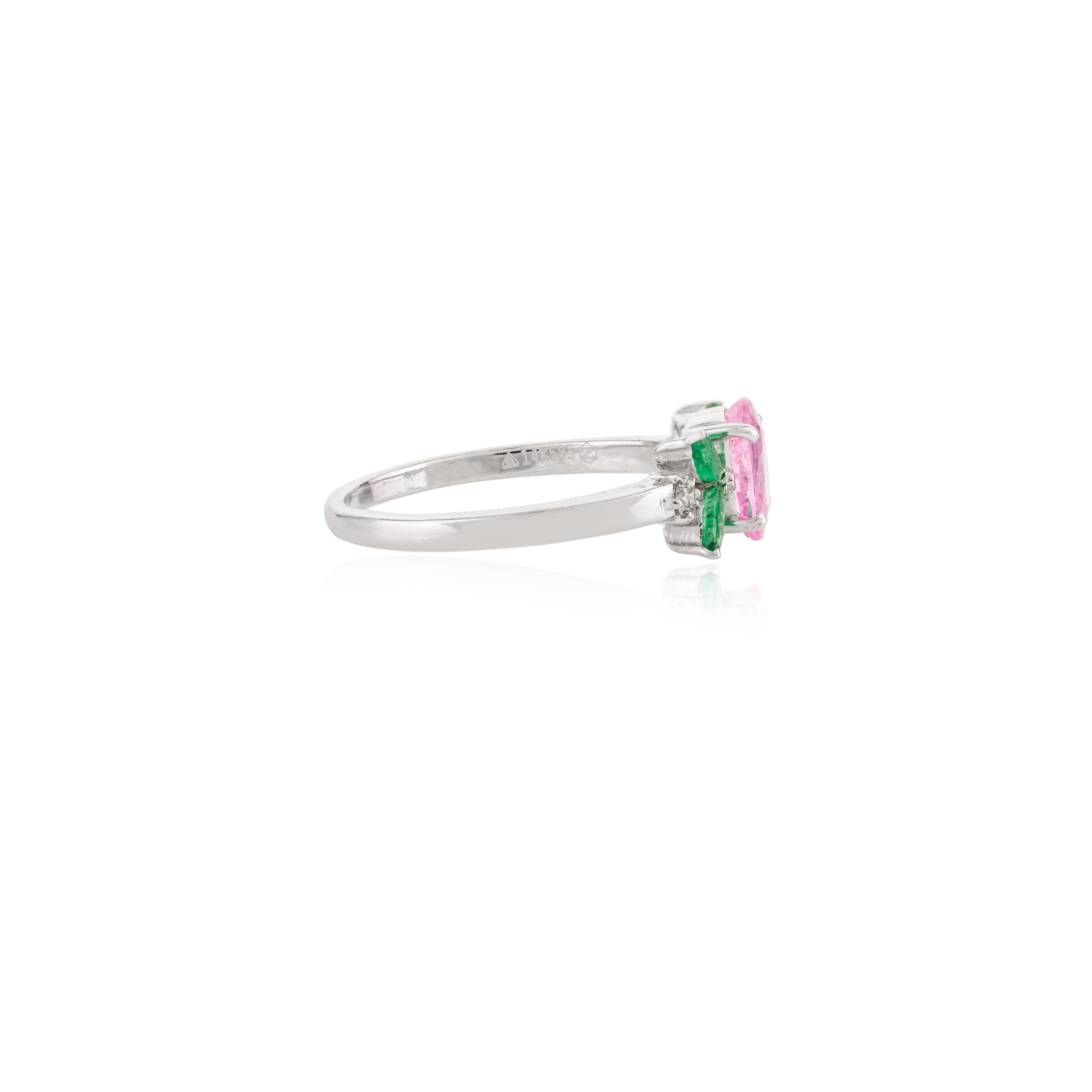 For Sale:  Genuine Pink Sapphire and Emerald Flower Ring in 14 Karat White Gold 3