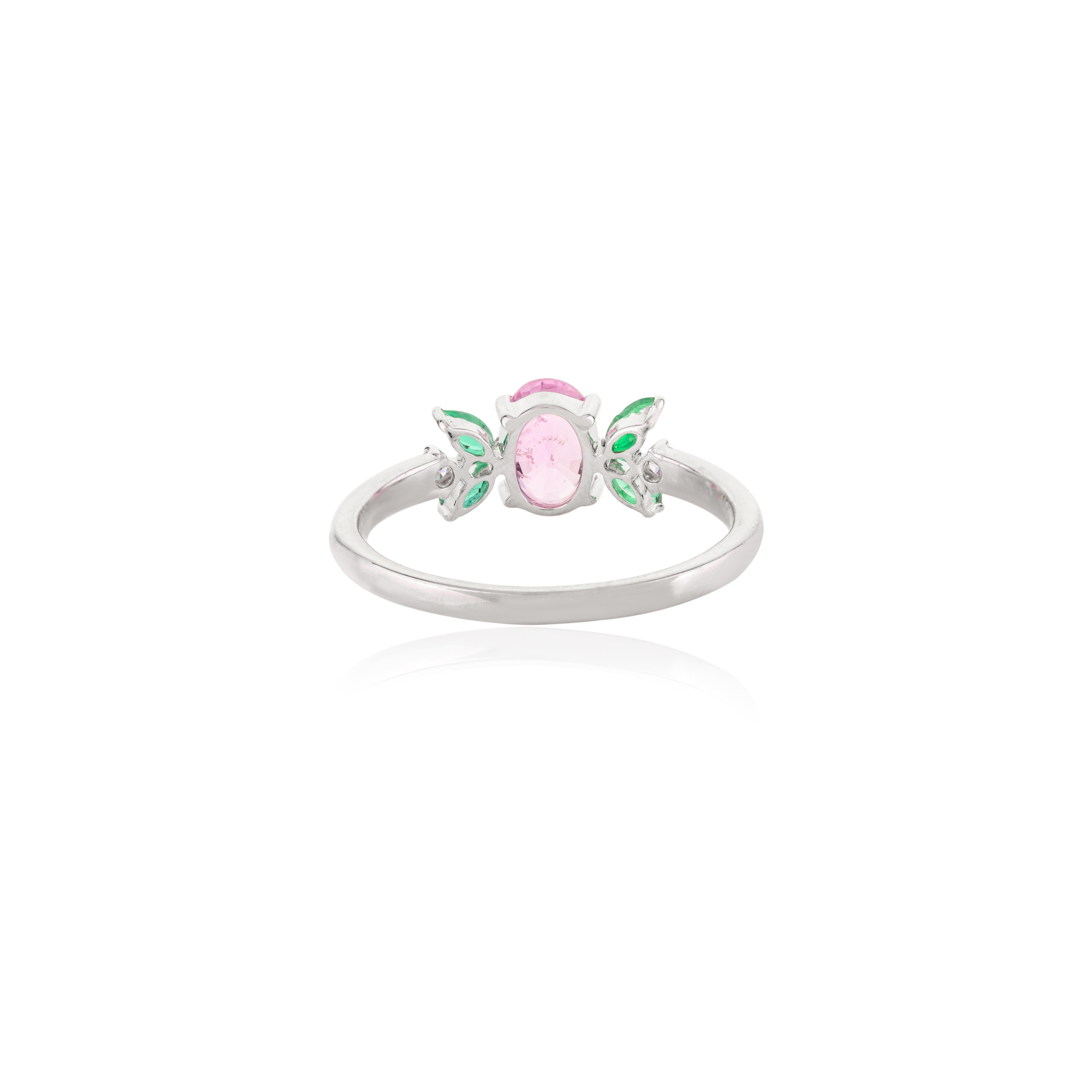 For Sale:  Genuine Pink Sapphire and Emerald Flower Ring in 14 Karat White Gold 5