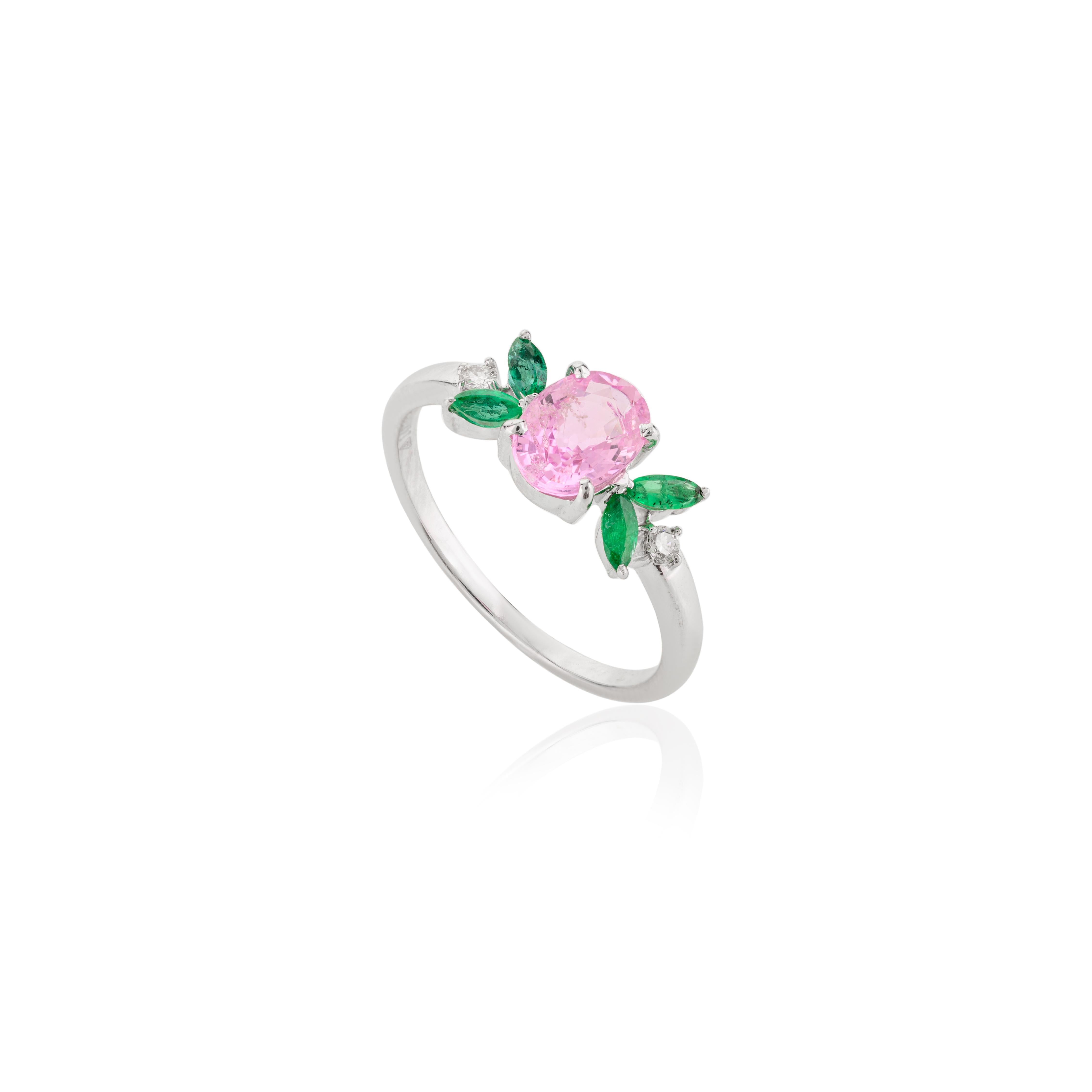 For Sale:  Genuine Pink Sapphire and Emerald Flower Ring in 14 Karat White Gold 7
