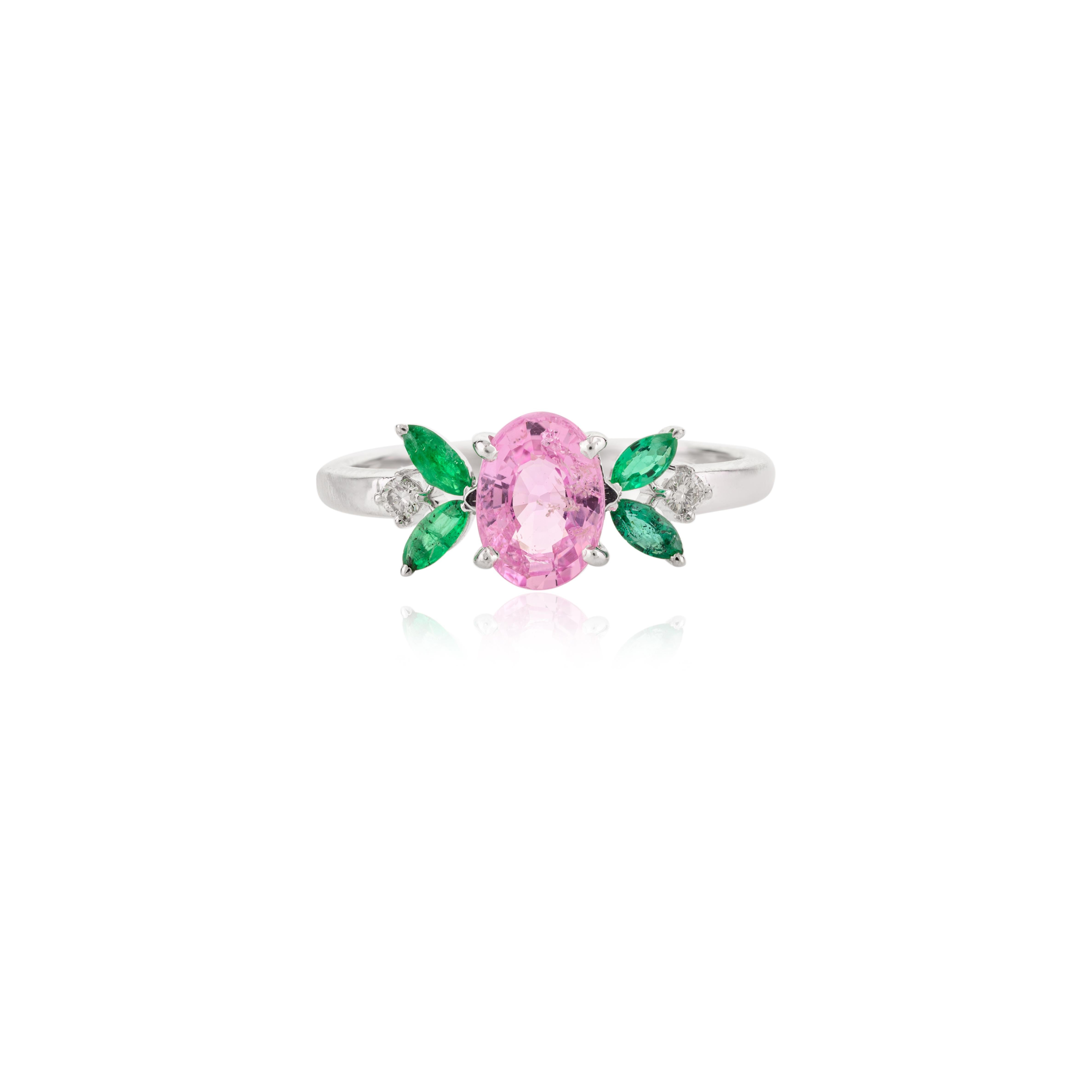 For Sale:  Genuine Pink Sapphire and Emerald Flower Ring in 14 Karat White Gold 8