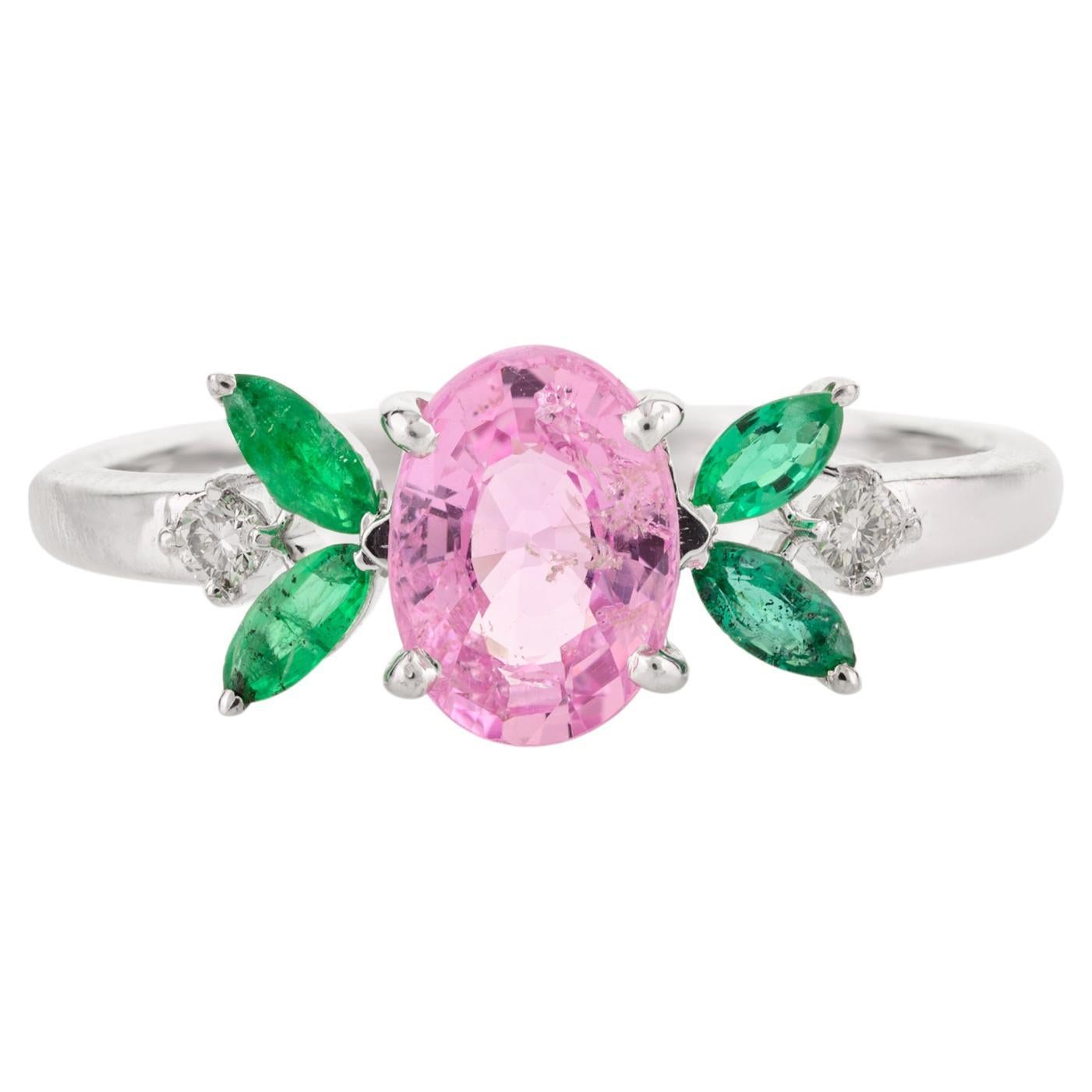 For Sale:  Genuine Pink Sapphire and Emerald Flower Ring in 14 Karat White Gold