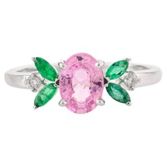 Natural Pink Sapphire Emerald Flower Ring for Women in 14 Karat White Gold