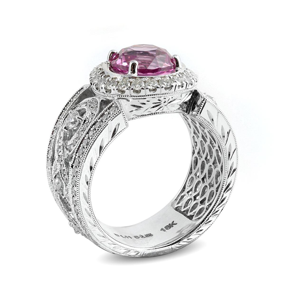 Natural Pink Sapphire Gemstone 2.55 cts in 18KWG Ring with Diamonds / GIA Report In New Condition For Sale In Los Angeles, CA
